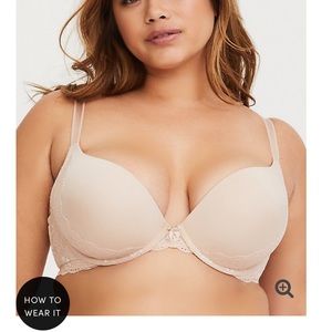 Beige microfiber & lace push-up plunge bra